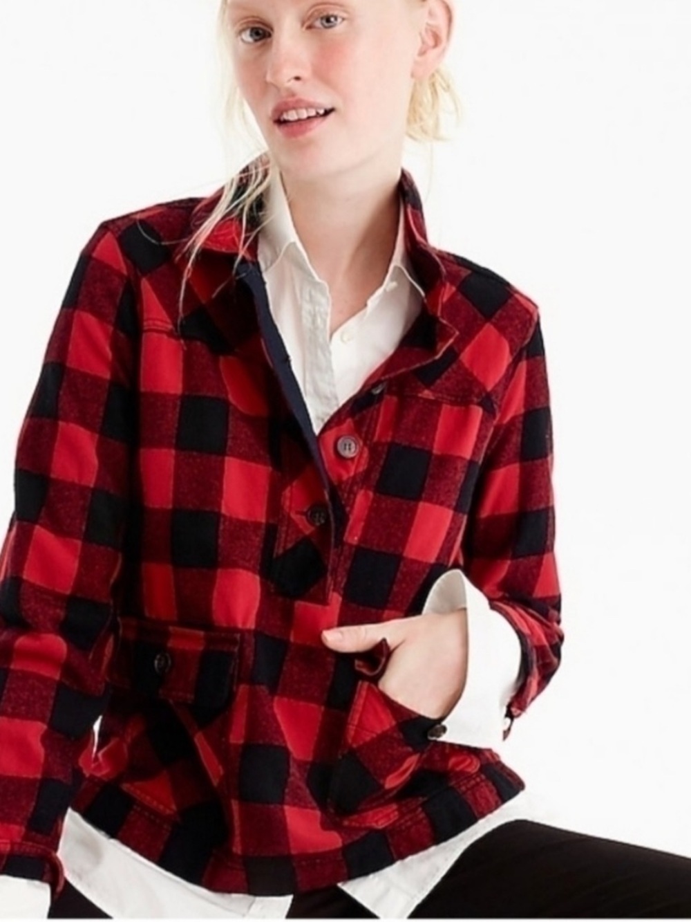 J.Crew Buffalo Plaid Wool Blend Shirt Jacket Red Black Women’s Shacket